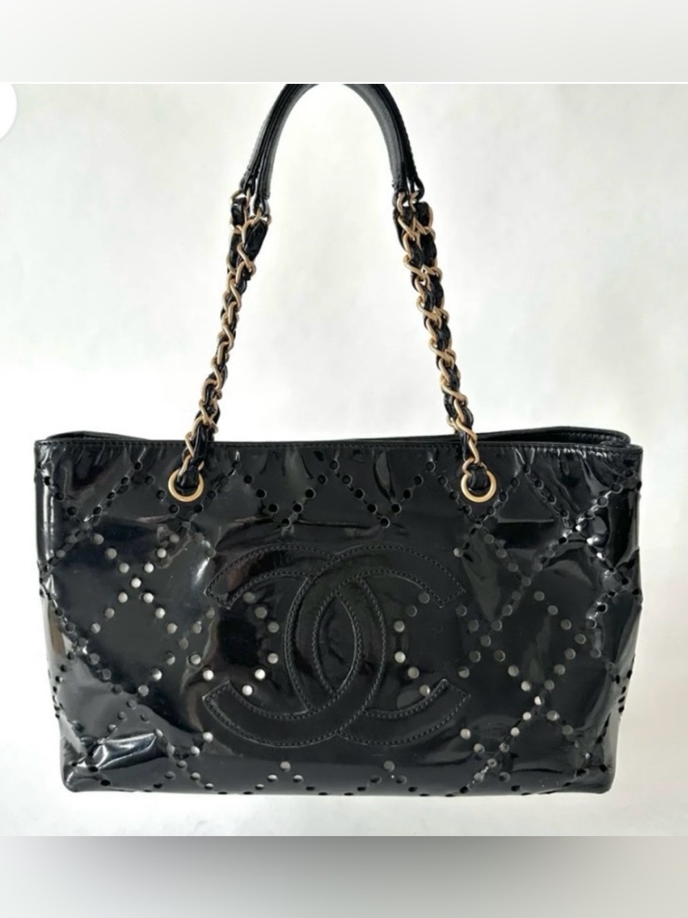 Chanel Black Quilted Patent vintage Tote Bag with Chain-Strap
